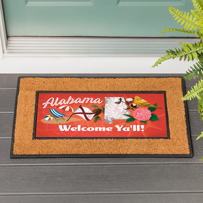 Alabama welcome mat with custom regional phrase "welcome yall"