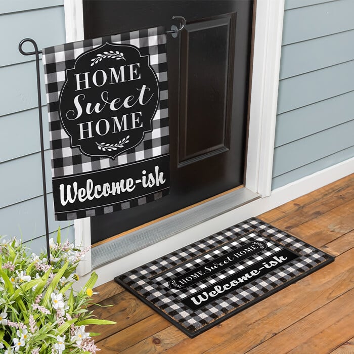 Custom black and white plaid flag and door mat with punny text